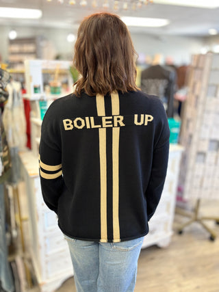 Back view of the black Purdue Boilermakers sweater with Boiler Up across the back