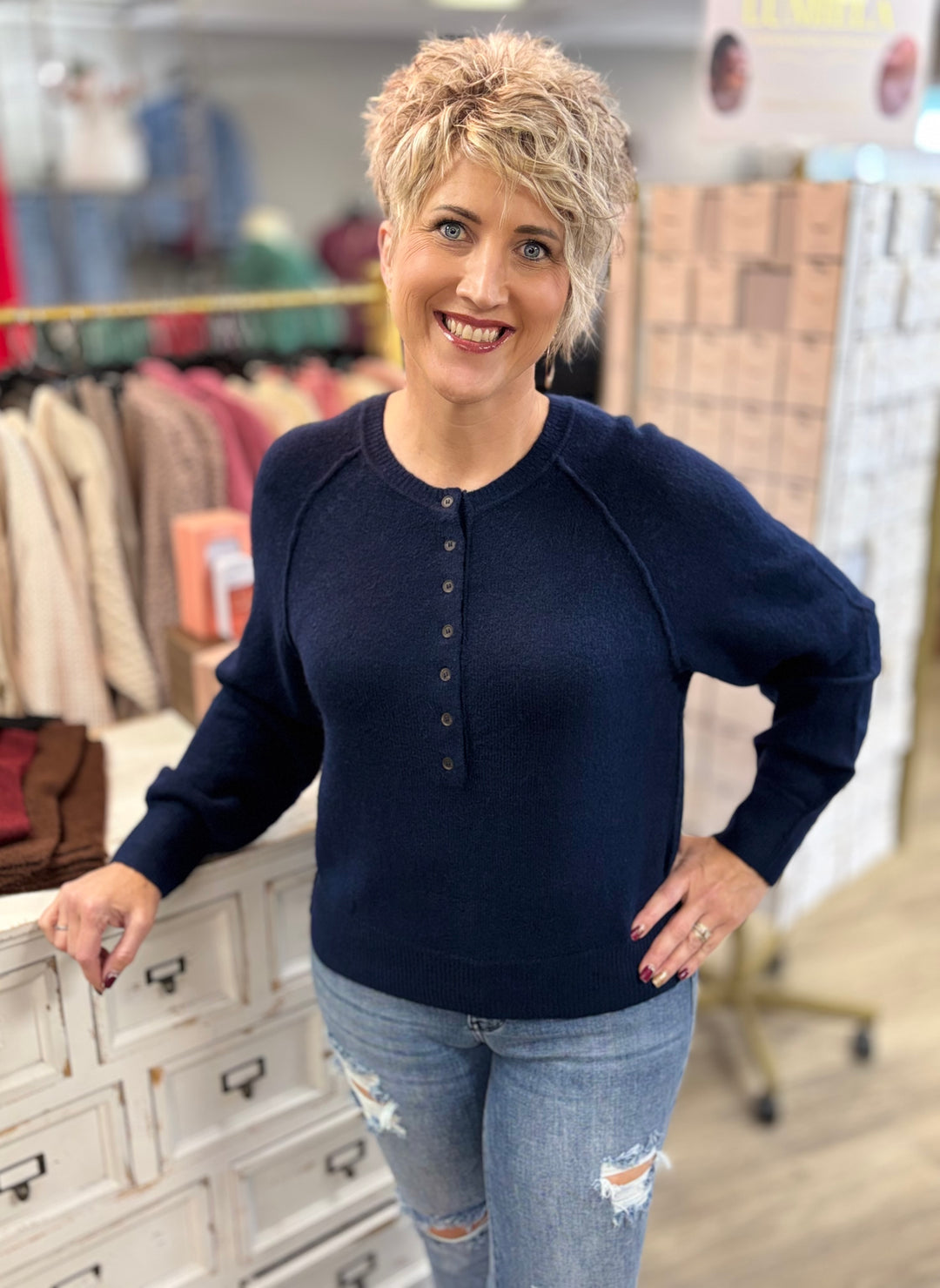 Raglan Sleeve Henley Relaxed Sweater-Tops-Blu Pepper-Evergreen Boutique, Women’s Fashion Boutique in Santa Claus, Indiana