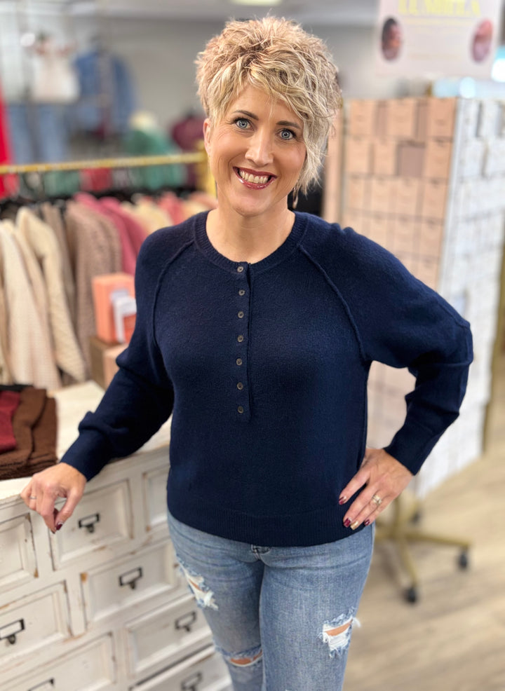 Raglan Sleeve Henley Relaxed Sweater-Tops-Blu Pepper-Evergreen Boutique, Women’s Fashion Boutique in Santa Claus, Indiana