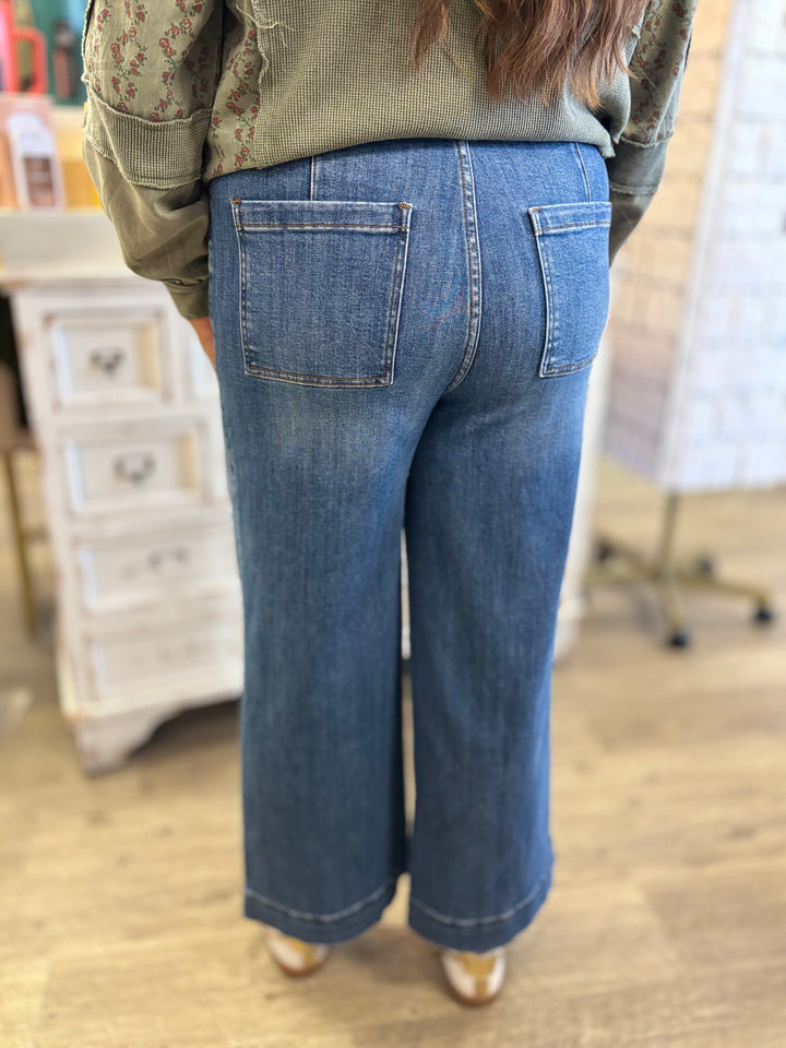 The McKenna High Rise Pin Tuck Detail Wide Leg Jean-Bottoms-Anniewear-Evergreen Boutique, Women’s Fashion Boutique in Santa Claus, Indiana