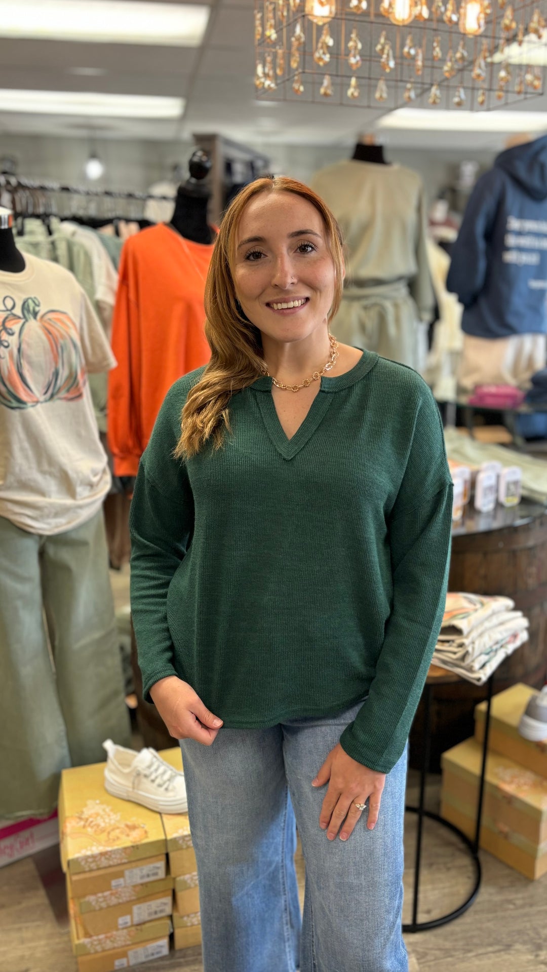 Ember Notched V-Neck Top-Long Sleeves-Blu Pepper-Evergreen Boutique, Women’s Fashion Boutique in Santa Claus, Indiana