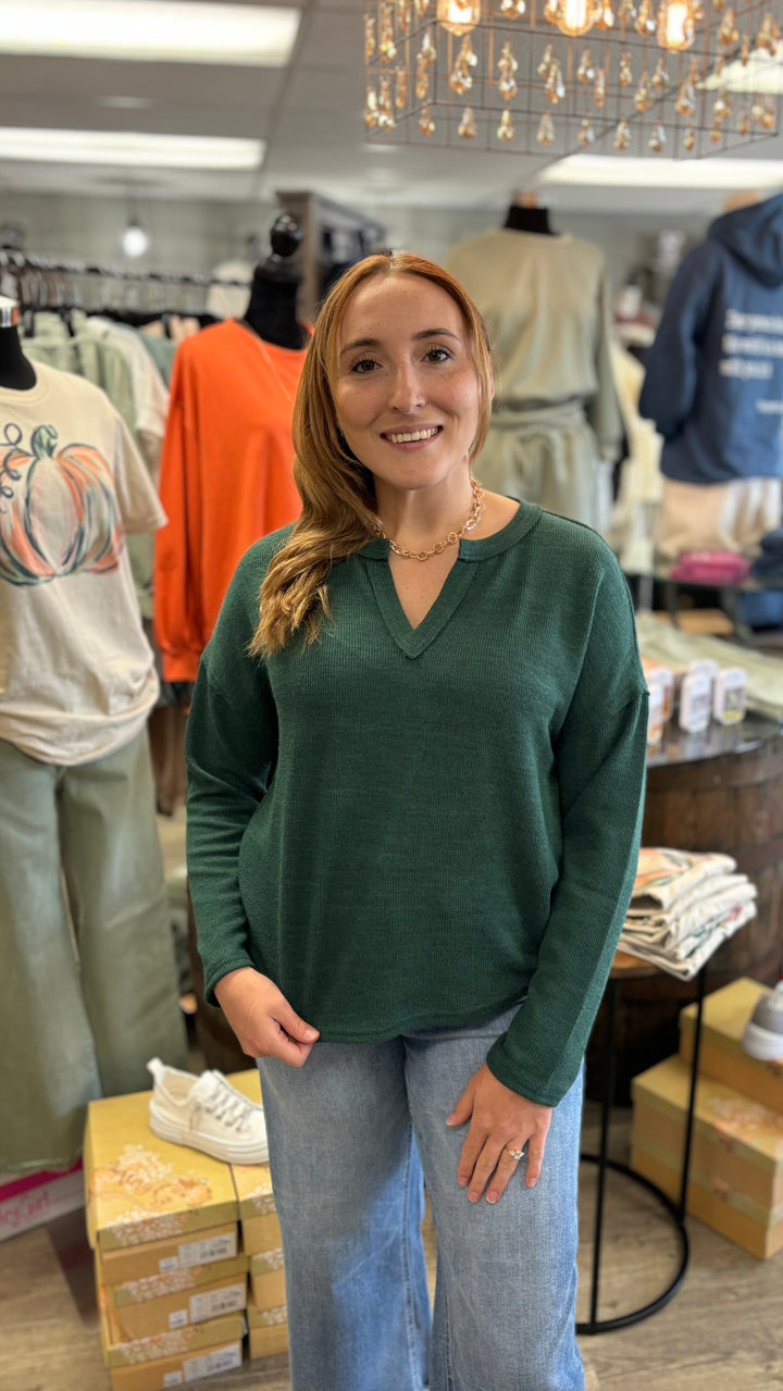 Ember Notched V-Neck Top-Long Sleeves-Blu Pepper-Evergreen Boutique, Women’s Fashion Boutique in Santa Claus, Indiana