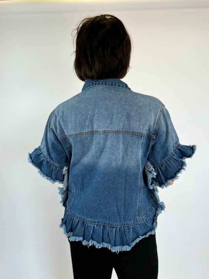 Peacock Blue Raw Edge Ruffled Short Sleeve Denim Jacket-Jackets-Dear Lover-Evergreen Boutique, Women’s Fashion Boutique in Santa Claus, Indiana