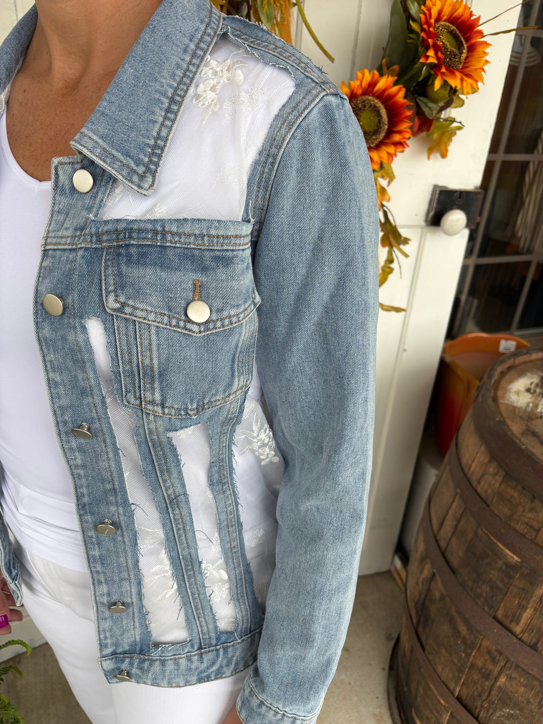 The Rosalie Lace and Denim Jacket-Jackets-Davi & Dani-Evergreen Boutique, Women’s Fashion Boutique in Santa Claus, Indiana