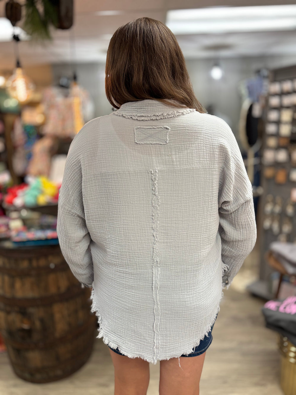 The Saylor Frayed Gauze Shirt-tops-Zenana-Evergreen Boutique, Women’s Fashion Boutique in Santa Claus, Indiana