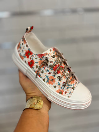 Peach and white floral printed sneaker with rhinestone laces 