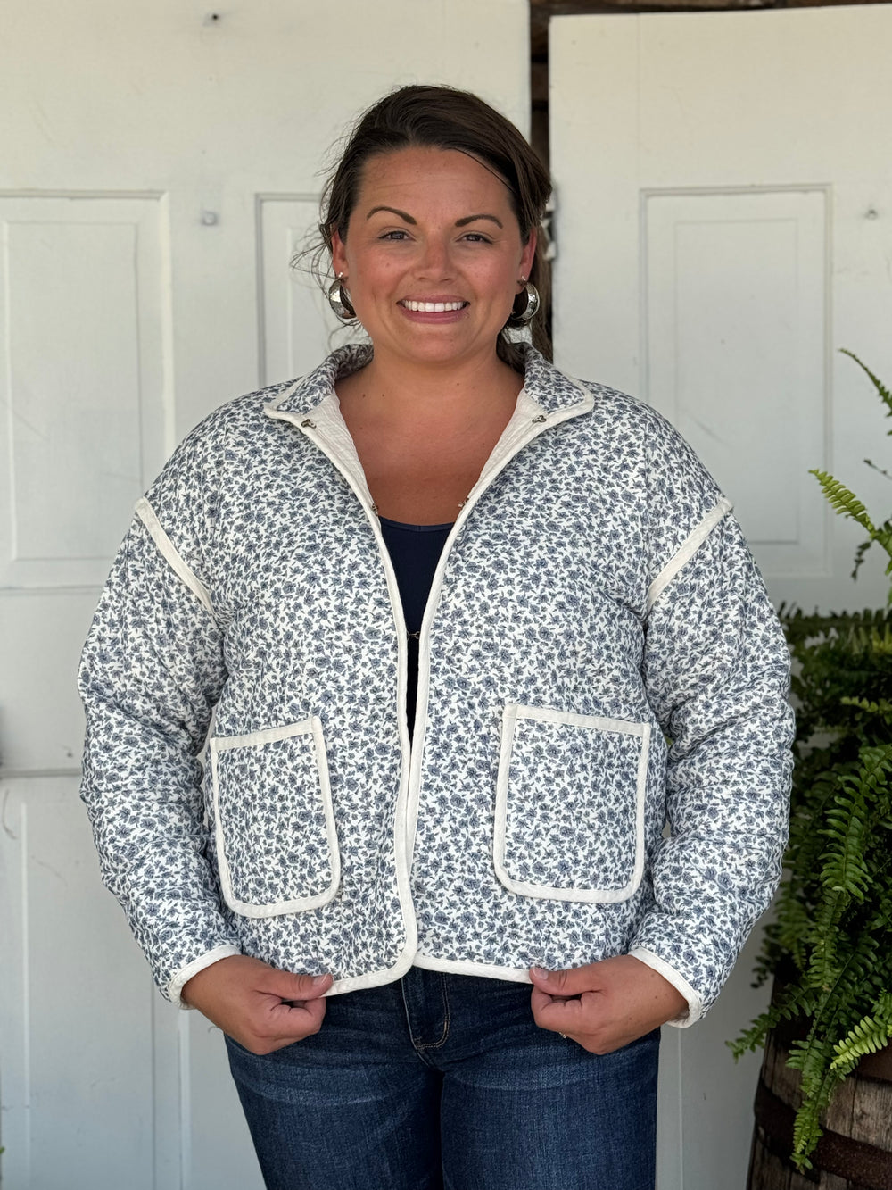 Morning Blue Long Sleeve Floral Jacket-Tops-Doe and Rae-Evergreen Boutique, Women’s Fashion Boutique in Santa Claus, Indiana