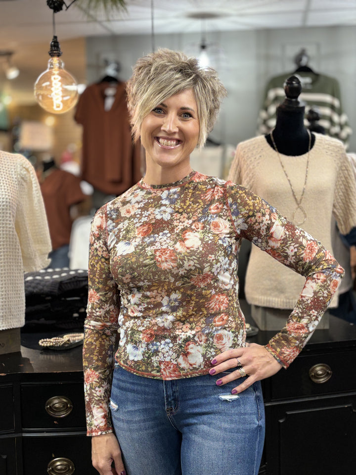 Semi Sheer Floral Mesh Top-Tops-LA MIEL-Evergreen Boutique, Women’s Fashion Boutique in Santa Claus, Indiana