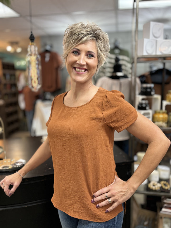 Wendy Solid Woven Top-Short Sleeves-Les Amis-Evergreen Boutique, Women’s Fashion Boutique in Santa Claus, Indiana