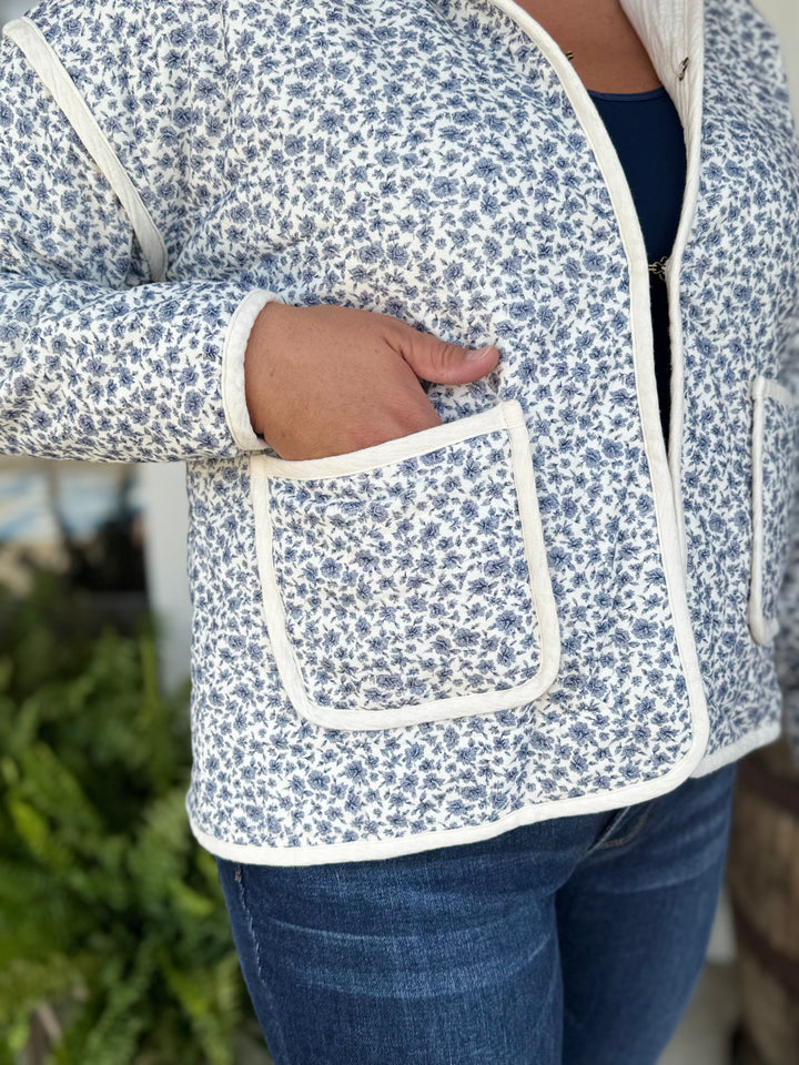 Morning Blue Long Sleeve Floral Jacket-Tops-Doe and Rae-Evergreen Boutique, Women’s Fashion Boutique in Santa Claus, Indiana