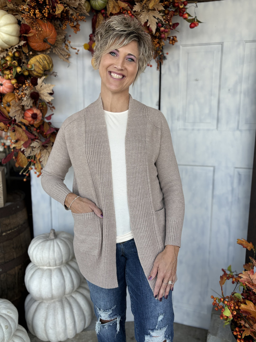 Frosted Taupe Knit Cardigan-Cardigans-Staccato-Evergreen Boutique, Women’s Fashion Boutique in Santa Claus, Indiana