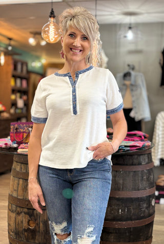 The Denim Detail Top-Tops-Jodifl-Evergreen Boutique, Women’s Fashion Boutique in Santa Claus, Indiana