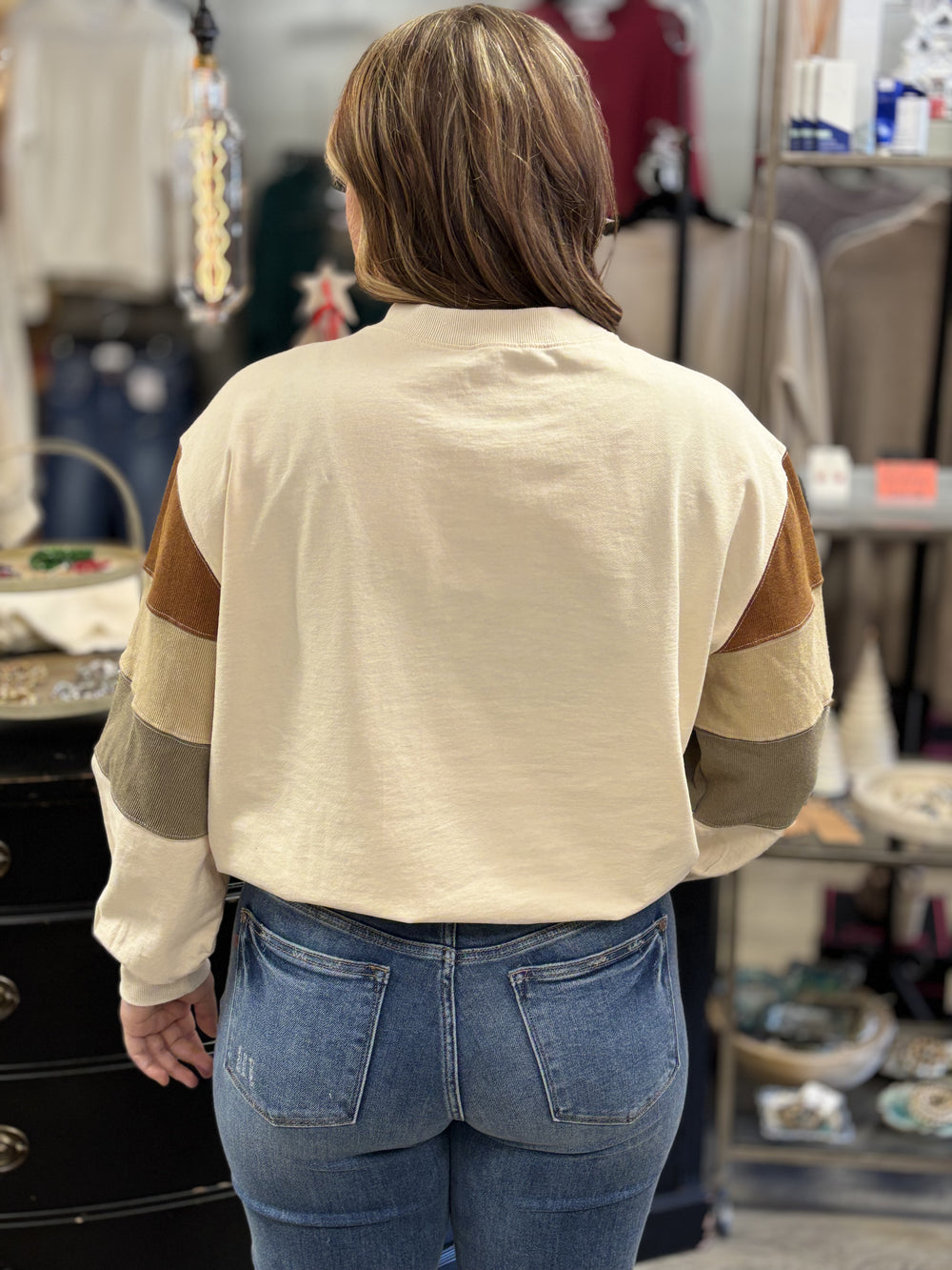 Color Block Sleeve Pullover-Sweatshirts-Easel-Evergreen Boutique, Women’s Fashion Boutique in Santa Claus, Indiana