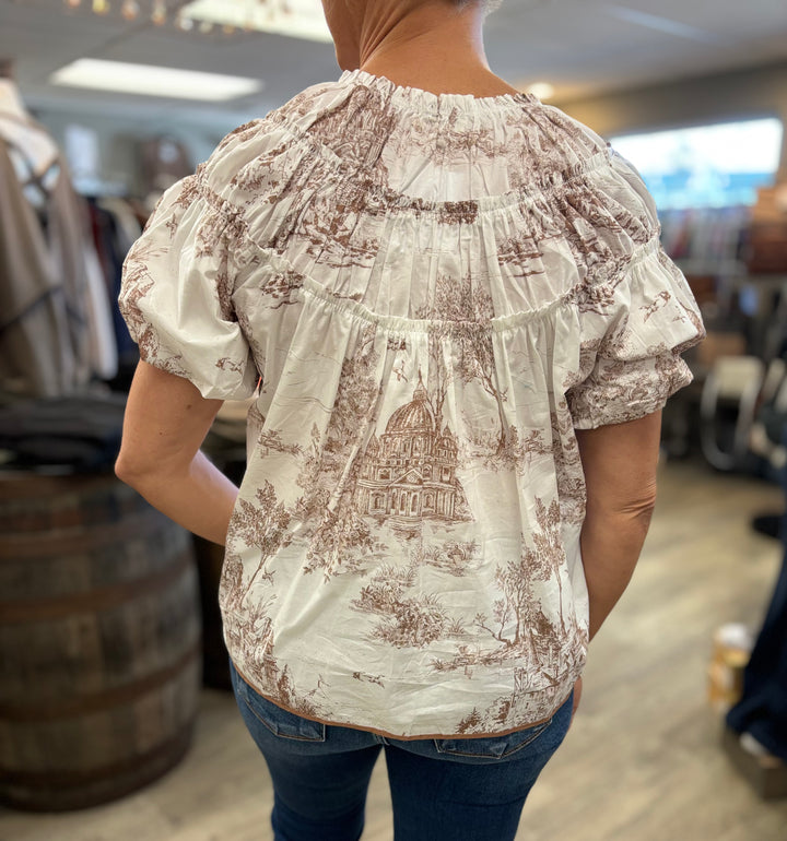 Umgee Toile Print Shirred Top-Short Sleeves-Umgee-Evergreen Boutique, Women’s Fashion Boutique in Santa Claus, Indiana