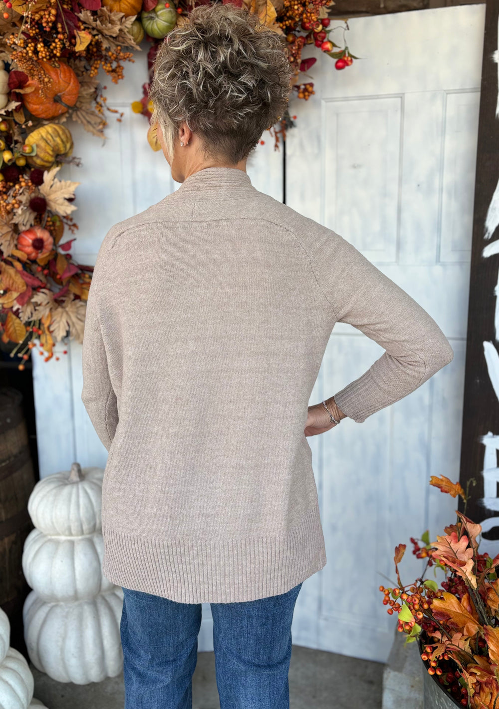 Frosted Taupe Knit Cardigan-Cardigans-Staccato-Evergreen Boutique, Women’s Fashion Boutique in Santa Claus, Indiana