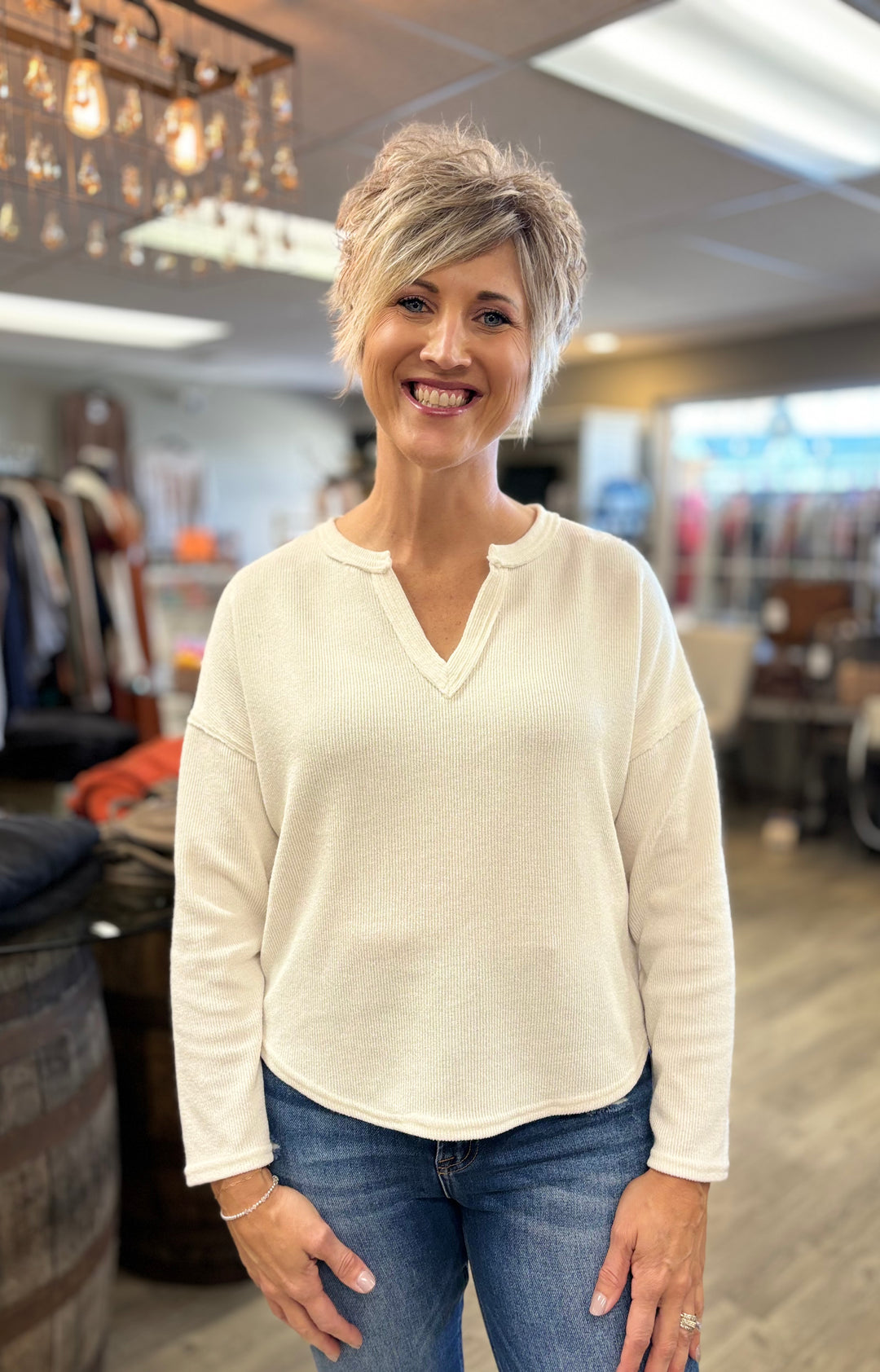 Ember Notched V-Neck Top-Long Sleeves-Blu Pepper-Evergreen Boutique, Women’s Fashion Boutique in Santa Claus, Indiana