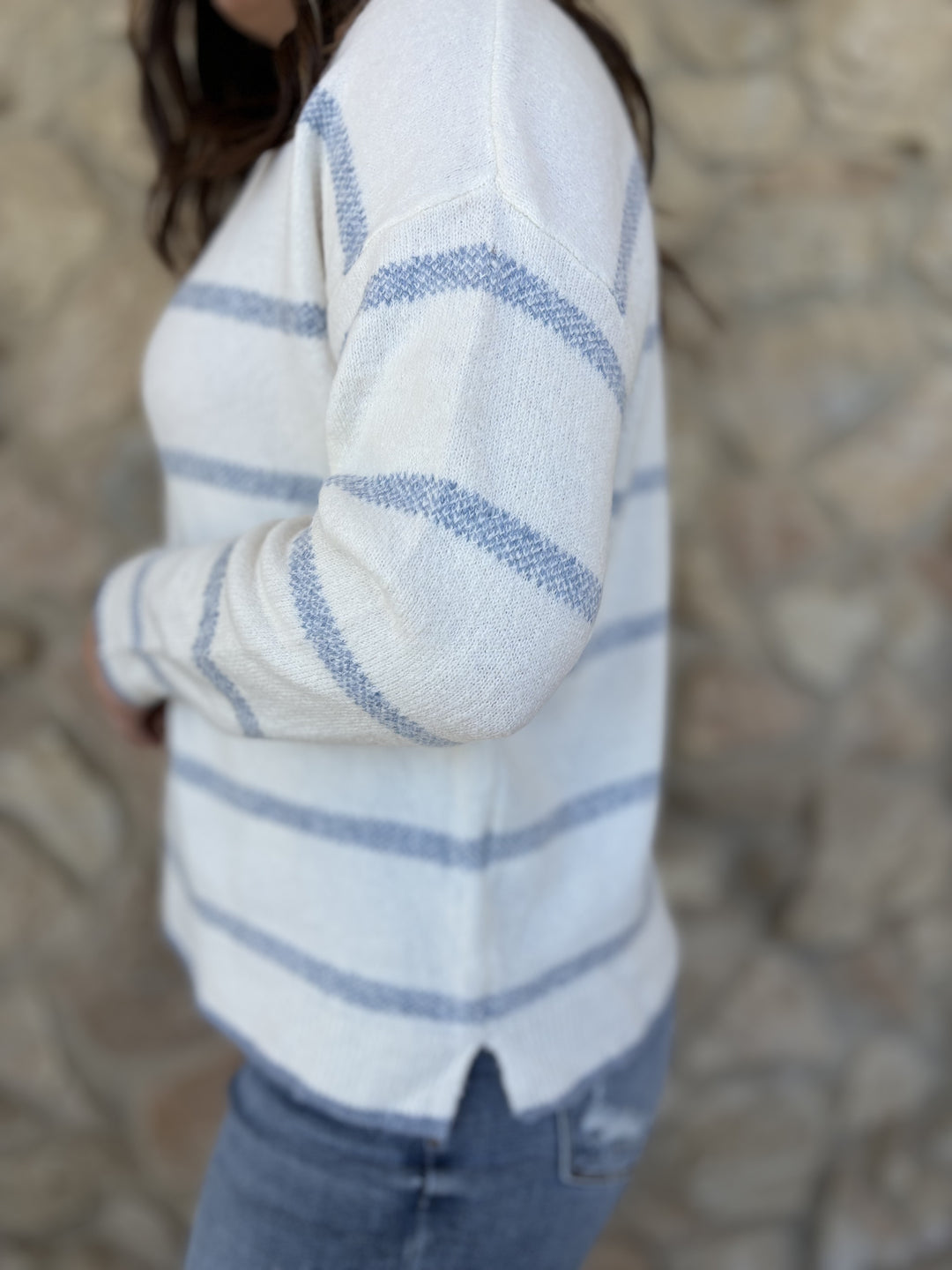 Bluebird Striped Sweater-Sweaters-Staccato-Evergreen Boutique, Women’s Fashion Boutique in Santa Claus, Indiana