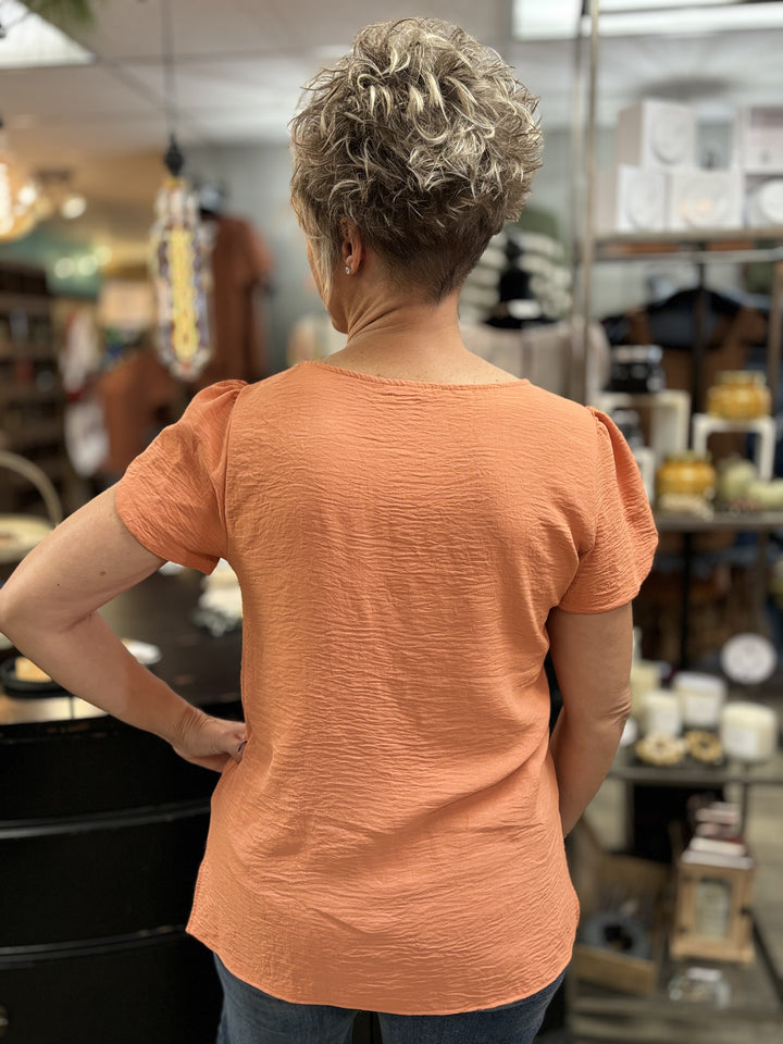 Wendy Solid Woven Top-Short Sleeves-Les Amis-Evergreen Boutique, Women’s Fashion Boutique in Santa Claus, Indiana