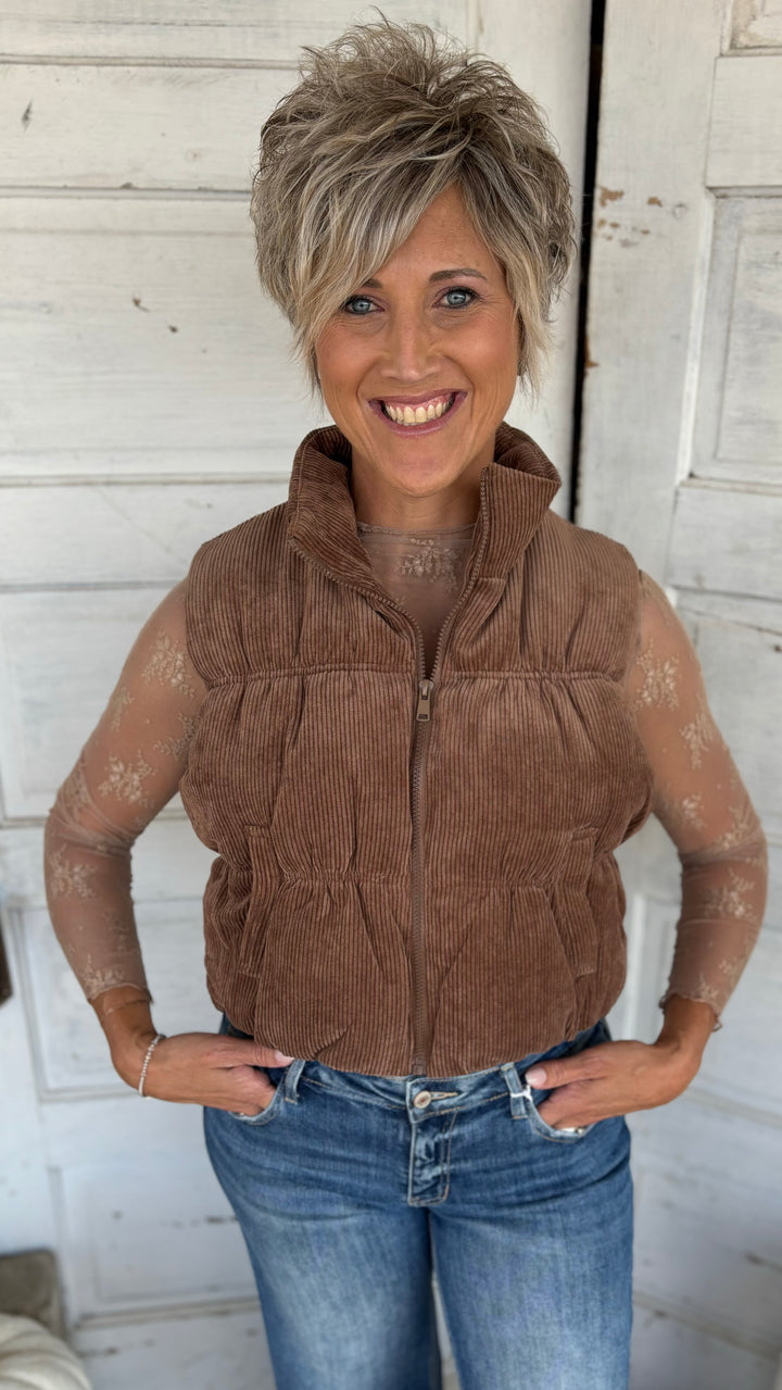 Mandy Corduroy Puffer Vest-Vests-42POPS-Evergreen Boutique, Women’s Fashion Boutique in Santa Claus, Indiana