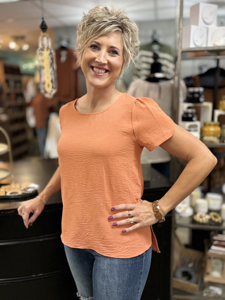 Wendy Solid Woven Top-Short Sleeves-Les Amis-Evergreen Boutique, Women’s Fashion Boutique in Santa Claus, Indiana