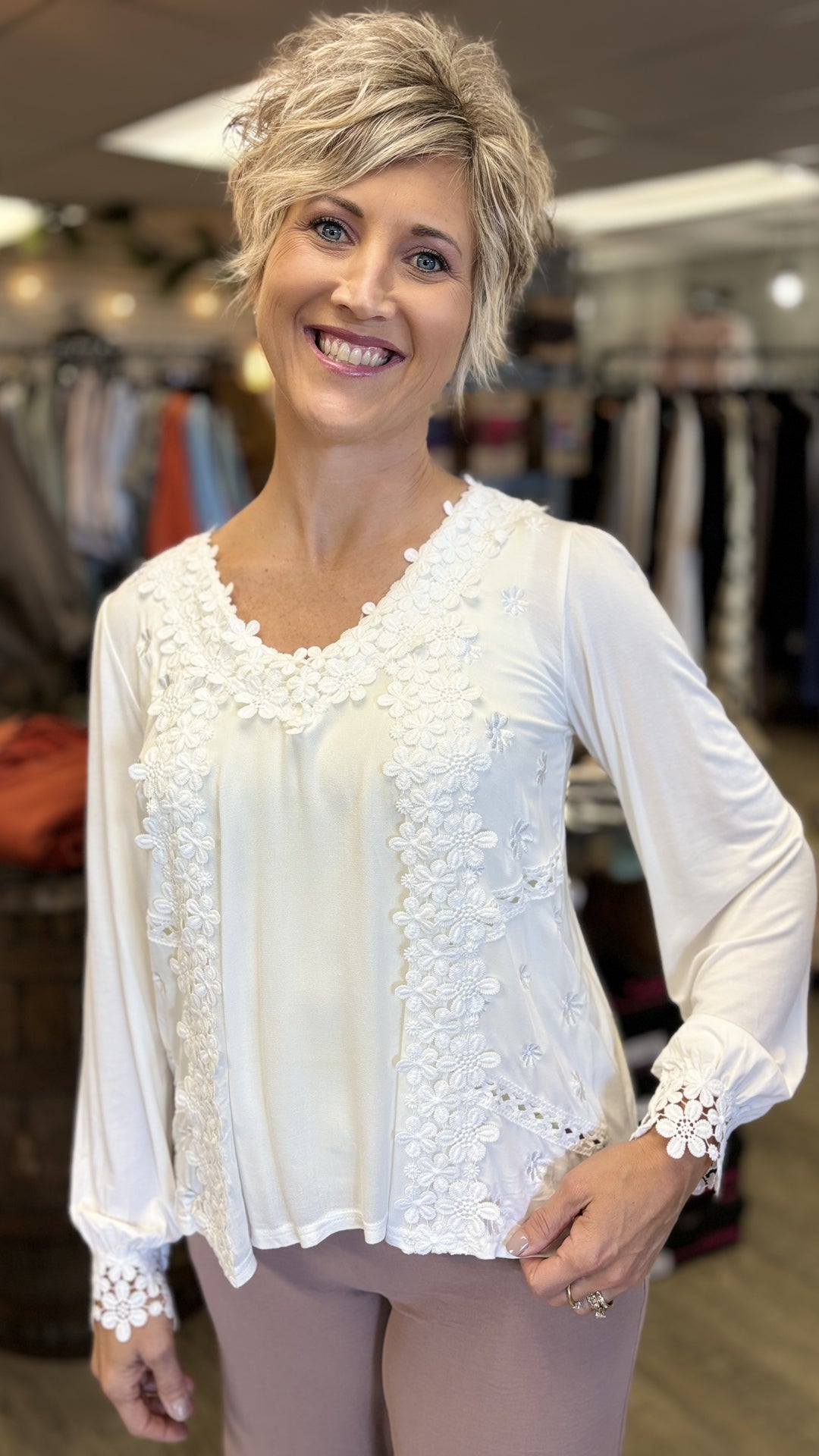 Florence Floral Lace Long Sleeve-Tops-POL-Evergreen Boutique, Women’s Fashion Boutique in Santa Claus, Indiana