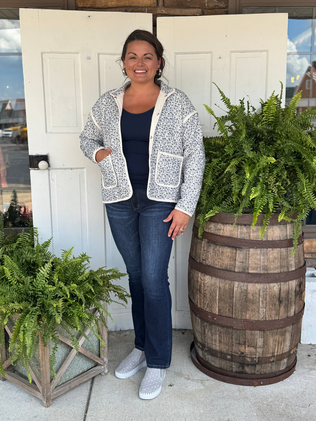 Morning Blue Long Sleeve Floral Jacket-Tops-Doe and Rae-Evergreen Boutique, Women’s Fashion Boutique in Santa Claus, Indiana