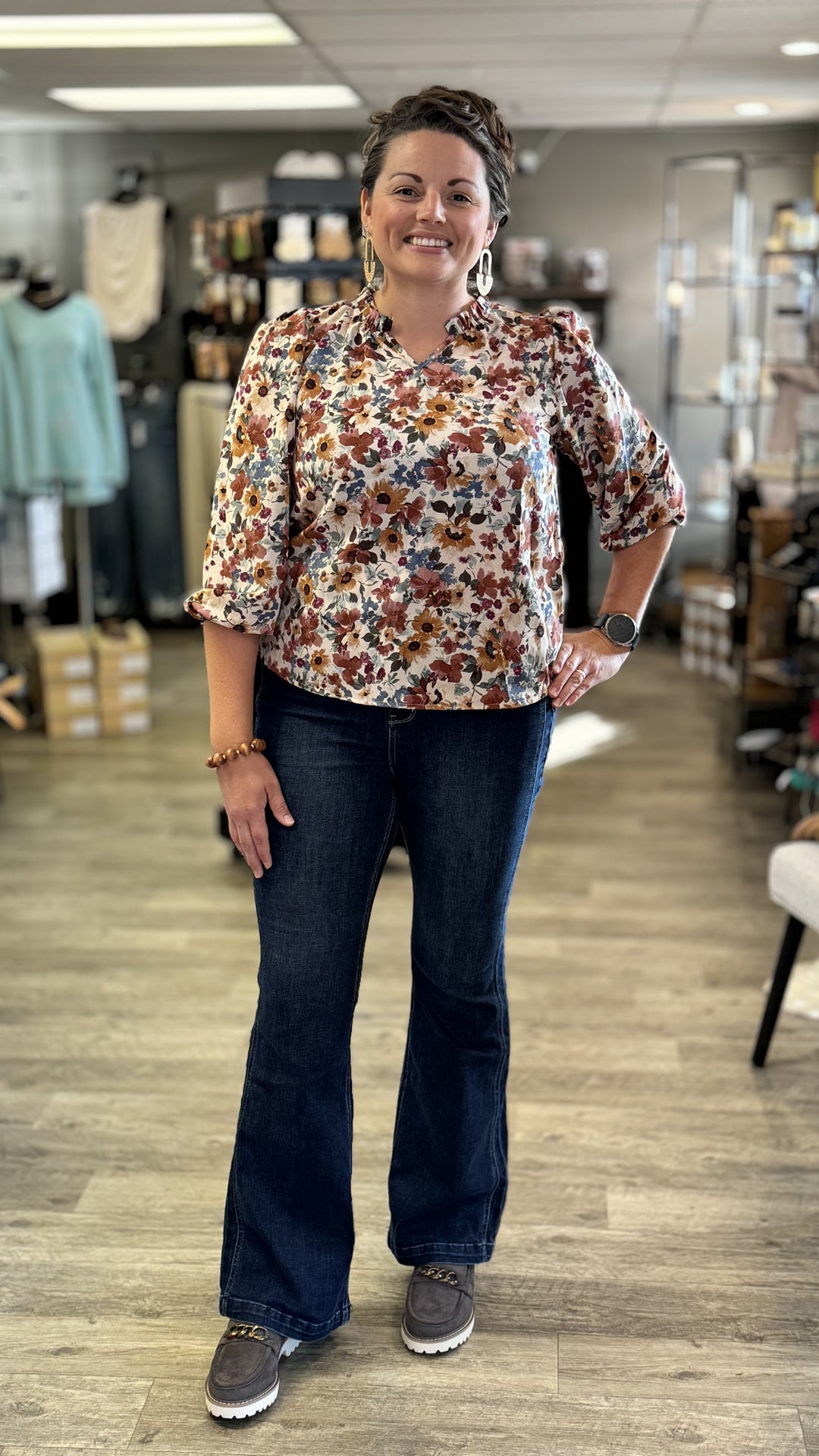 Rosie Ruffled V-Neck Top-Long Sleeves-Les Amis-Evergreen Boutique, Women’s Fashion Boutique in Santa Claus, Indiana