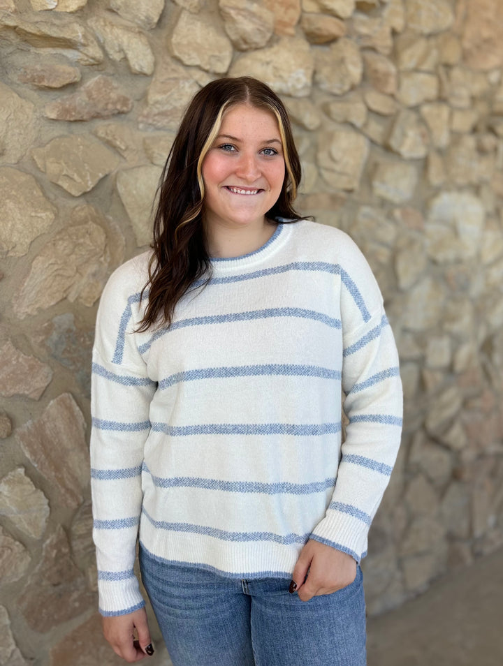 Bluebird Striped Sweater-Sweaters-Staccato-Evergreen Boutique, Women’s Fashion Boutique in Santa Claus, Indiana