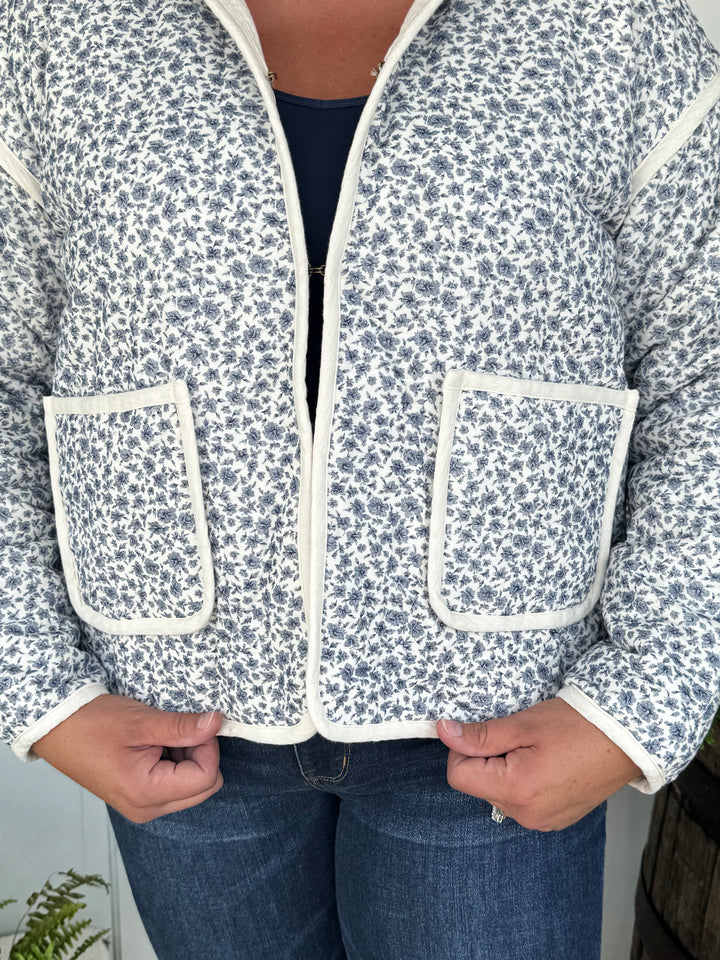 Morning Blue Long Sleeve Floral Jacket-Tops-Doe and Rae-Evergreen Boutique, Women’s Fashion Boutique in Santa Claus, Indiana