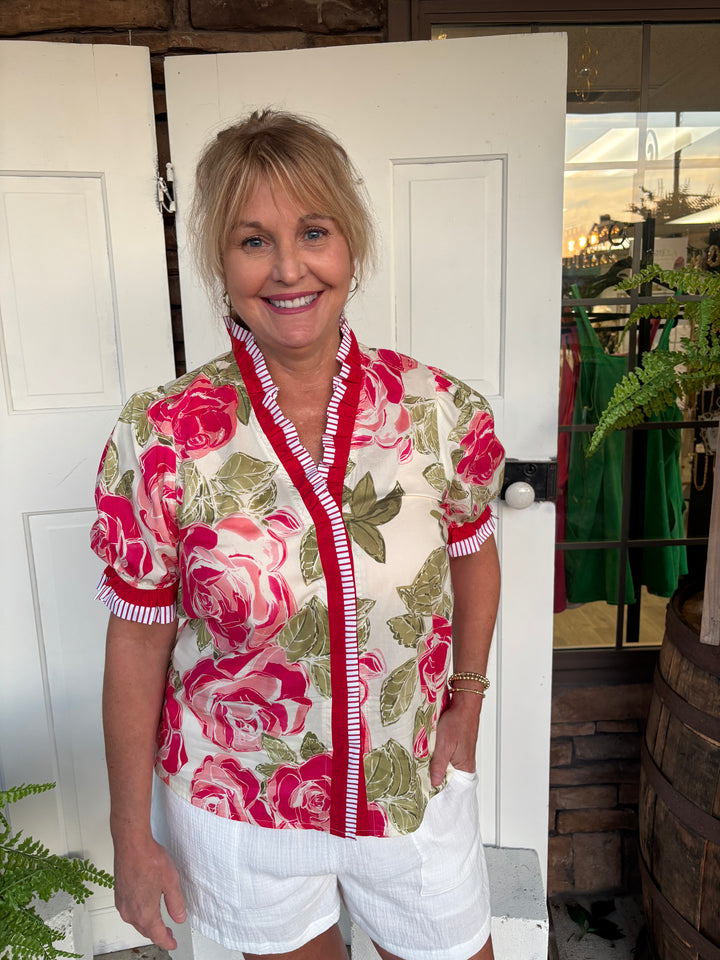The Camellia Floral Ruffled Edge Blouse-Tops-Bibi-Evergreen Boutique, Women’s Fashion Boutique in Santa Claus, Indiana