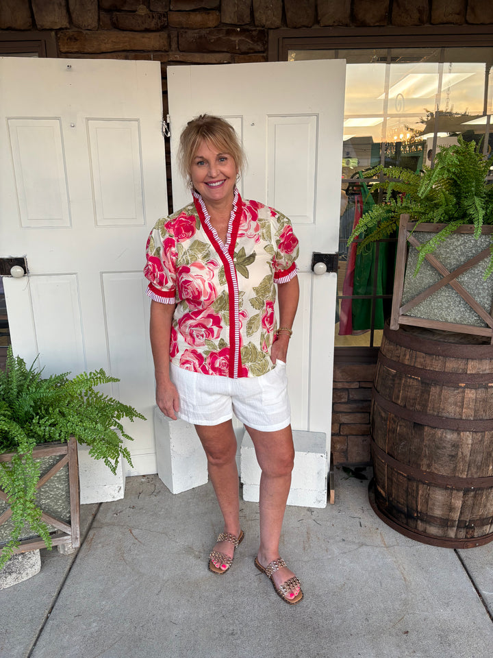 The Camellia Floral Ruffled Edge Blouse-Tops-Bibi-Evergreen Boutique, Women’s Fashion Boutique in Santa Claus, Indiana