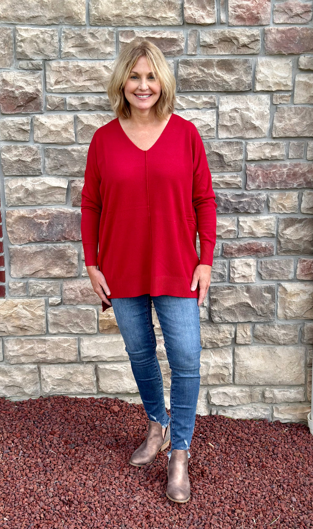 Zenana Hi-Low Hem V-Neck Center Seam Sweater-Sweaters-Zenana-Evergreen Boutique, Women’s Fashion Boutique in Santa Claus, Indiana