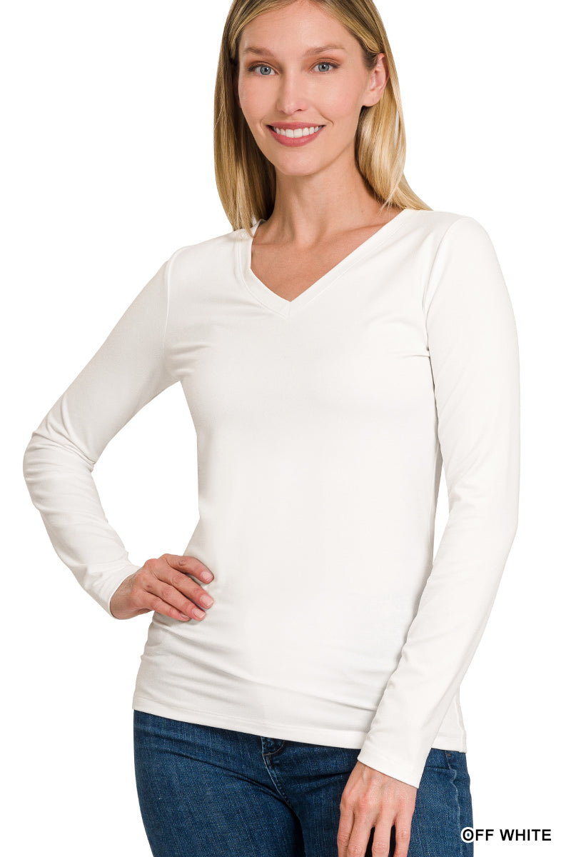 Zenana Brushed Microfiber Long Sleeve V Neck Tee-Long Sleeves-Zenana-Evergreen Boutique, Women’s Fashion Boutique in Santa Claus, Indiana