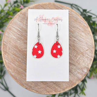 White Stars on Red Leather Earrings
