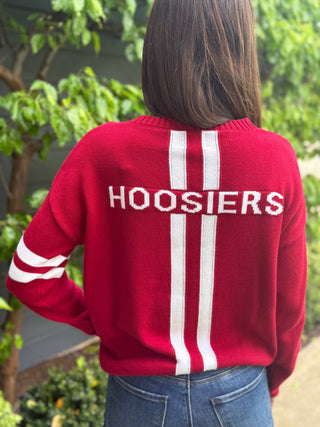 Back view of the women's Indiana Hoosiers crimson crew neck sweater with HOOSIERS across the back
