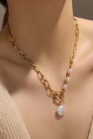 TITANIUM STEEL NON-TARNISH PEARL GOLD NECKLACE-Accessories-JOSSLYN by Wall to Wall-Evergreen Boutique, Women’s Fashion Boutique in Santa Claus, Indiana