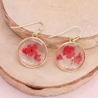 Cottage Dark Pink Dried Flower Round Earrings
